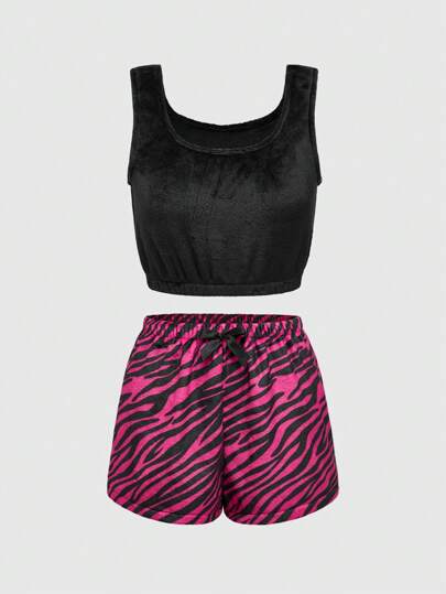Kawaii Y2K Style Faux Fur Zebra Print Vest & Pants Casual Lounge Set
