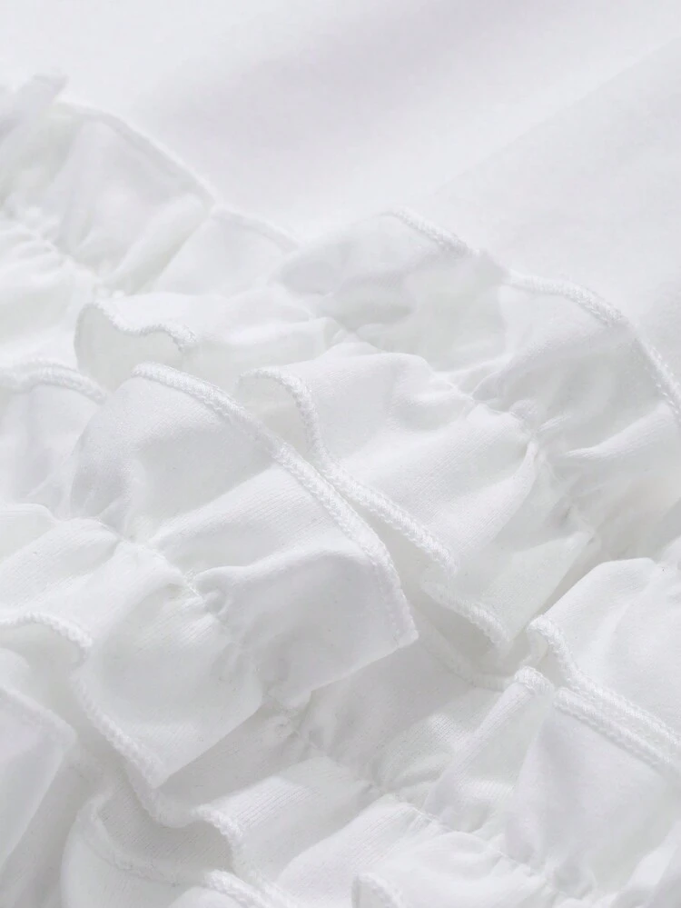 Women Frill Trim Solid Color Crew Neck Casual Short Sleeve T-Shirt Summer