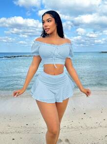 SHEIN SXY Beach;Summer Vacation Outfits Princess Sleeves Ruffle Holiday White Two Pieces Set - Baby Blue - View 4