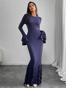 Modelyn Women's Solid Color Simple Arabic Style Casual Dress, Everyday Wear Long Evening Dresses - Navy Blue - View 1