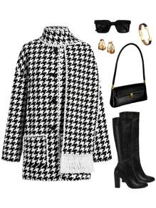Ellevyn Women's Casual Regular Jacket, Simple & Fashionable, For Everyday Wear Winter Women Outfits Women Coats Black&White Houndstooth Coat - Black and White - View 1