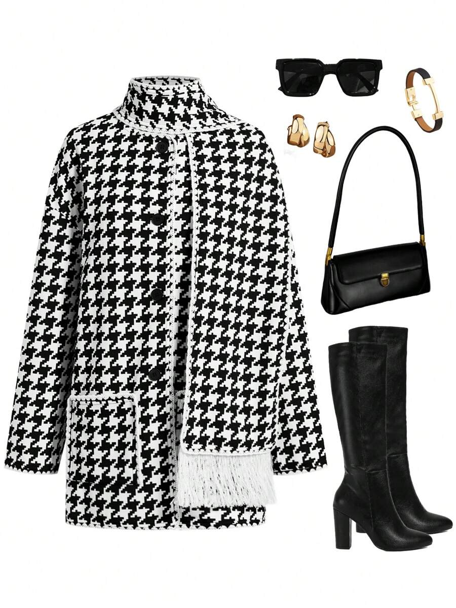 Ellevyn Women's Casual Regular Jacket, Simple & Fashionable, For Everyday Wear Winter Women Outfits Women Coats Black&White Houndstooth Coat - Black and White - View 1
