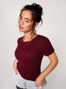 Athîral Women Casual Solid Color Slim Fit Short Sleeve Knit Top - Burgundy - View 4