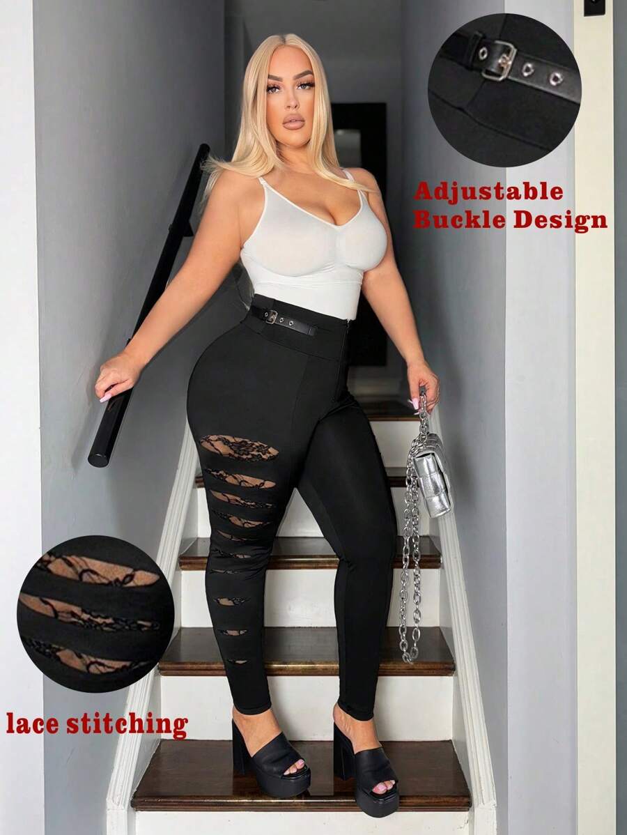 Allurite Plus Size Women Ripped Lace High Waist Zipper Leggings Fall Cloth For Women - Black - View 1