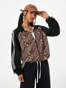 Coolane Women's Fall/Winter Streetwear Going Out Daily Wear Leopard Pattern Graphics Patchwork High Neck Windbreaker Jacket
