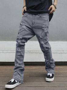 Manfinity Roghcode Men's Casual Distressed Pocket Simplistic Denim Jeans, Daily Wear - Dark Grey - View 4