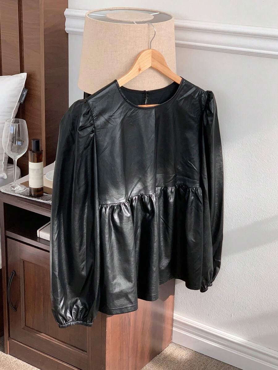 DAZY Women's Crew Neck PU Leather Pullover Doll Shirt, Spring/Summer,Ruffle Long Sleeve Top