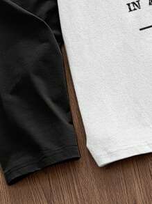 Manfinity Unisex 男士英文文字印花拼接宽松休闲日常针织长袖 T 恤 - 黑與白 - 查看 6