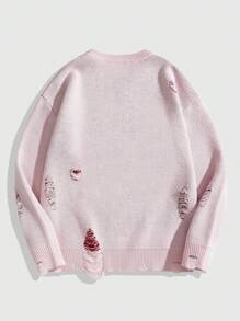 ROMWE MEN Street Life 情人节/爱情/情侣/心/XOXO/亲吻/拥抱和亲吻/做我的人/宝贝/婴儿/吻/嘴唇/心/丘比特/天使/玫瑰/微笑/蝴蝶/樱桃/草莓/3D 玫瑰/花朵/蝴蝶结印花情侣复古宽松毛衣，男士休闲针织套头衫，冬季 - 粉色 - 查看 2