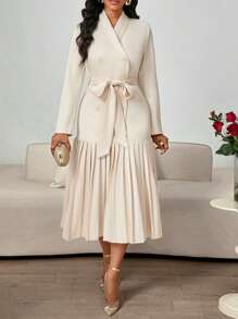 SHEIN Lady Women Mid-Length Solid Color Long Sleeve Casual Dress, Minimalist Fashion For Everyday Wear Spring Autumn And Winter Elegant Commuting Wedding Office Pleated Belted Button Front Formal Dress Professional Elegant Dress