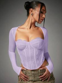 SHEIN BAE Women's Elegant Lace Patchwork Blouse - Mauve Purple - View 1