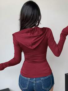 DAZY Women's Long Sleeve Slim Fit Rhinestone Butterfly Zip-Up Hooded T-Shirt - Burgundy - View 2