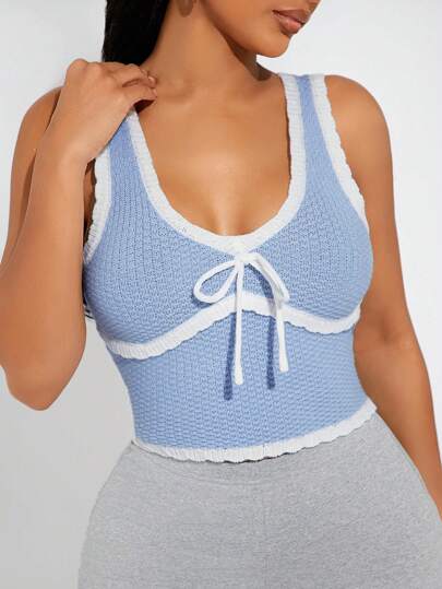 SHEIN SXY 女士休闲撞色边无袖针织上衣、针织毛衣、针织服、针织上衣、女士蓝色上衣、短款 Azul、蓝色上衣、海军蓝上衣、女士背心、毛衣背心