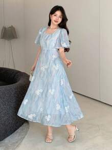 DAZY Women Floral Applique Tie-Dye Ruffle Collar Short Sleeve Elegant Midi Dress Easter - Blue - View 3