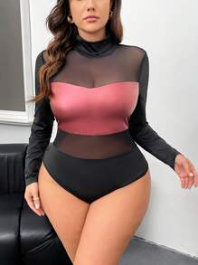 SHEIN Privé 大码女式舒适休闲弹力 PU 与网眼撞色连体衣，黑色长袖连体衣，适合户外穿着，初秋 - 酒紅色 - 查看 2
