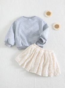 Cozy Pixies 2pcs/Set Baby Girl 3D Bowknot Decor Round Neck Long Sleeve Sweatshirt And Mesh Skirt Outfit Clothes Set - Grey - View 2