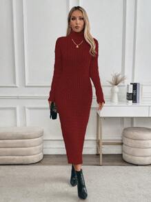 SHEIN Clasi Vestido de suéter de punto trenzado con cuello alto y corte holgado para mujer