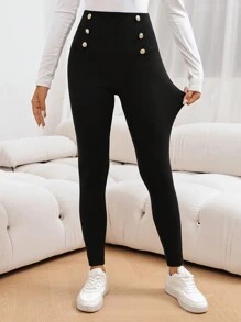SHEIN LUNE Mallas básicas sin pies de unicolor informal para mujer, para otoño/invierno