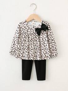 Cozy Pixies 女婴豹纹 3D 蝴蝶结针织柔软圆领长袖上衣，弹性腰部纯色打底裤休闲 2 件套服装