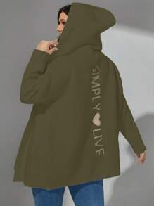 Calvaya Plus Size Women Letter Pattern Casual Drop Shoulder Hooded Cardigan Sweater, Winter Fall Cloth For Women - Green - View 1