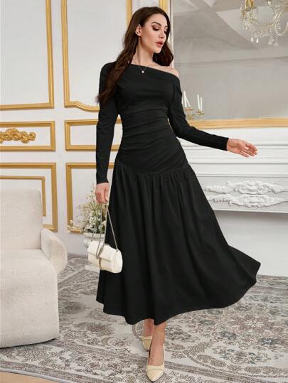 Modelyn 1 件女士长款斜肩针织编织荷叶边下摆优雅迷人时尚连衣裙长款晚礼服