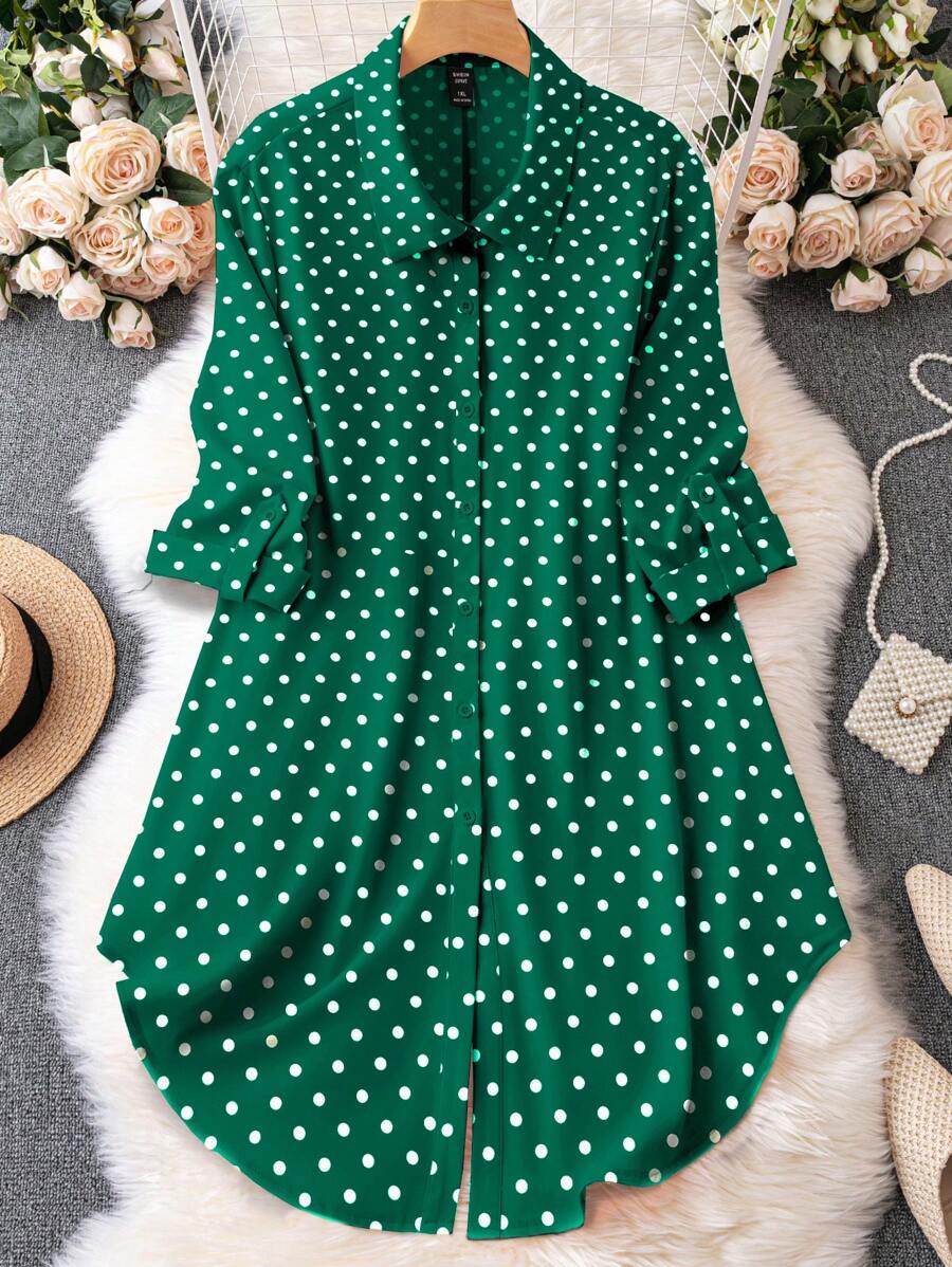 SHEIN LUNE 大码女式圆点印花荷叶边袖单排扣休闲衬衫裙 - 彩色 - 查看 1