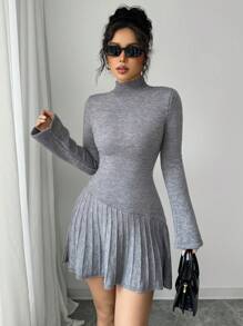 SHEIN Unity 女士纯色高领优雅褶皱 A 字形喇叭袖针织连衣裙 - 灰色 - 查看 6