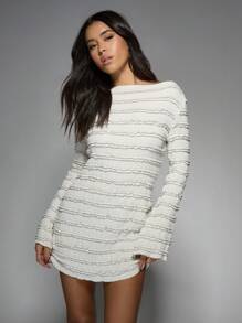 MISSGUIDED Đầm mini xếp nếp họa tiết tay dài trễ vai dự tiệc thu đông ngày lễ buổi tối thanh lịch ôm sát cơ thể thiết kế hiện đại cổ điển - trắng - Xem 1