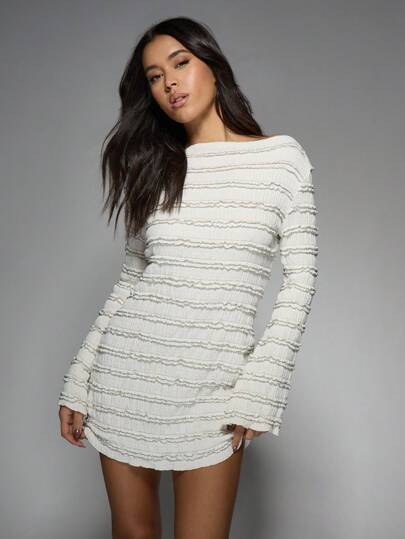 MISSGUIDED Textured Ruffle Mini Dress Long Sleeve Off Shoulder Fall Winter Party Holiday Evening Occasion Elegant Sheath Bodycon Modern Retro Design
