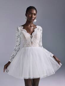 SHEIN Belle Elegant And Luxurious Ivory Lace Trim Mesh Dress, Voluminous, Suitable For Weddings, Parties, Events, Gift, Bridal Shower Dress - Beige - View 3