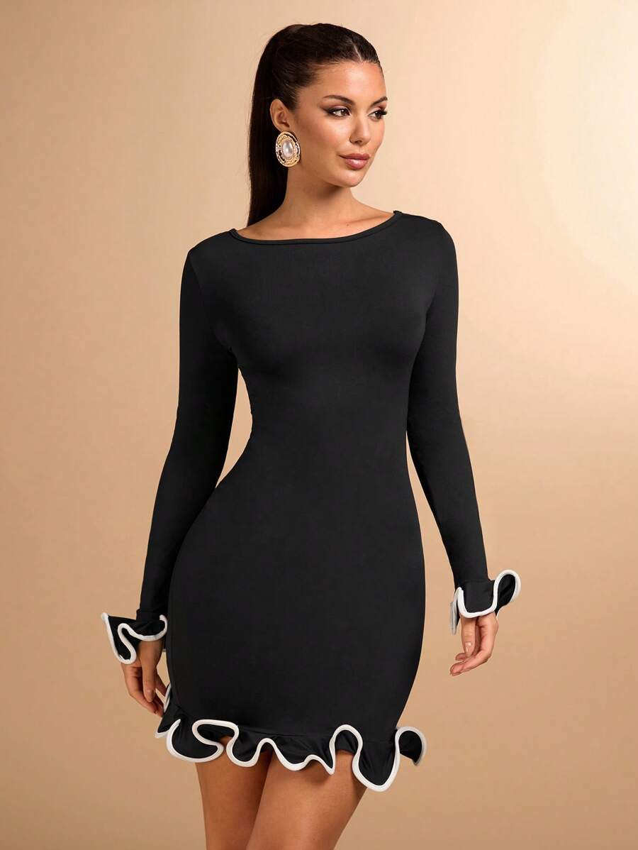 SHEIN BAE Women's Long-Sleeved Dress With Ruffles And Waves, Dating Outfit, Daily Travel, Autumn Inner Wear, Summer Wear - Black - View 1