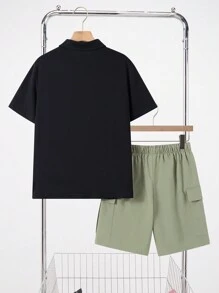 SHEIN 青少年男孩拼色 Polo 衫、工装口袋工装短裤、休闲校园舒适时尚简约百搭柔软舒适，适合日常穿着、上学、旅行、运动等 - 彩色 - 查看 3