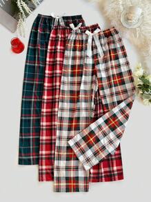 Set de 3 pantalones de pijama con cintura elástica y decoración de lazo con estampado a cuadros, ropa de otoño e invierno