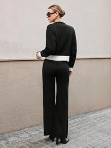 RueChic Women Contrast Hem Detailed Front Button Cardigan & Sweater Pants Set - Multicolor - View 3