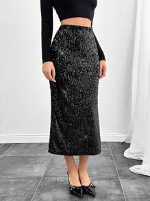SHEIN Tall High Waist Sequin Detailed Skirt With Split - Black - View 4