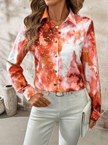 SHEIN Clasi Orange Abstract Print Loose Fit Women Long Sleeve Shirt Business Casual Woman Spring For Women - Multicolor - View 4