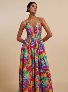 Travachic Vestido sin mangas con escote en V con estampado de plantas tropicales para mujeres