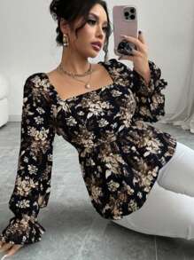 Selianne 1 件女式常规版型碎花圆领长款泡泡袖百搭衬衫 - 彩色 - 查看 3