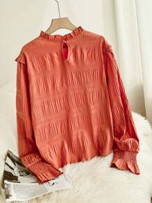 SHEIN Frenchy Plus Size Casual Simple School Style Solid Color Pleated Women Shirt, Blouse, New Spring Collection - Brown - View 2