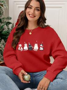 Calvaya Plus Size Women's Merry Christmas Cute Cat Printed Sweatshirt, Fall Clothes For New Year Clothes Pullover - Red - View 1
