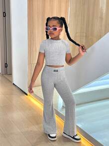 SHEIN Leap Crew Tween Girl Matching Set Knit Fuzzy Solid Round Neck Short Sleeve Top And Leggings - Grey - View 3