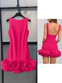 INAWLY Women's Solid Color Round Neck Sleeveless Puff Hem Fashionable Short Dress