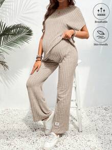 SHEIN 2pcs Maternity Short Sleeve Solid Color Top And Pants Set - Beige - View 4