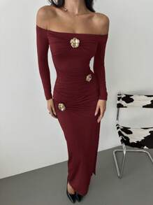 Firerie Women's Elegant, Exquisite, Fashionable And Romantic Off Shoulder Metal Flower Decorated Ruffle Bodycon Bell Sleeve Dress Wedding Guest Dress Modest Maxi Dress Evening Modest Gown / Luxury Embroidery Dress - Burgundy - View 5