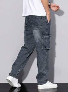 Manfinity Homme Men's Casual Washed Cargo Denim Jeans - Blue - View 7