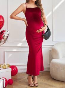 SHEIN Robe de grossesse droite de couleur unie confortable, ajustée - Rouge foncé - Voir 1