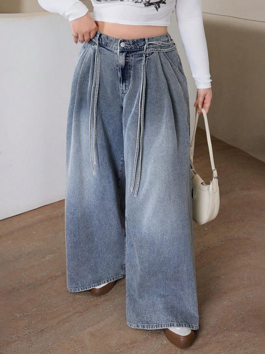 SHEIN EZwear 大码女式口袋褶皱阔腿宽松休闲牛仔裤