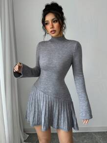 SHEIN Unity 女士纯色高领优雅褶皱 A 字形喇叭袖针织连衣裙 - 灰色 - 查看 4