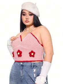 ROMWE Kawaii Plus Size Cute 3D Flower Backless Halter Neck Sweater Vest - Pink - View 3
