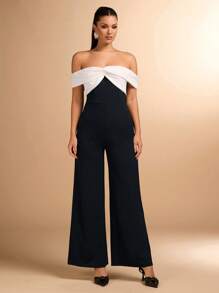 SHEIN BAE Elegant Women's Black & Color Block Jumpsuit, Great For Daily Wear, Dating, Outing, Nightclub, Party Gathering, Suitable For Halloween